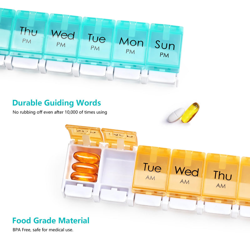 MOLN HYMY Weekly Pill Organizer, AM PM 2 Times a Day, 14 Compartments, Push Button Design, for Medication, Vitamins, Supplements Cyan and Orange