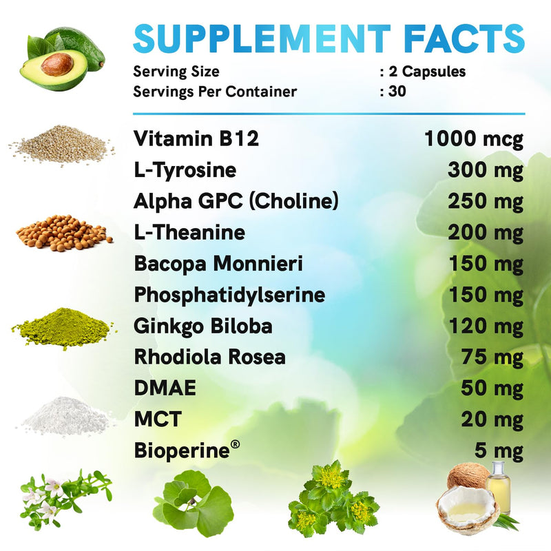 [Australia] - 11-in-1 Nootropic Brain Supplements: Memory & Focus Supplement with Ginkgo Biloba, L Theanine, Bioperine, & Alpha GPC Choline - 1321mg, 60ct - Stimulant Free, Vegan - Focus Brain Support (1 pack) Caffeine-free 60 Count (Pack of 1) 