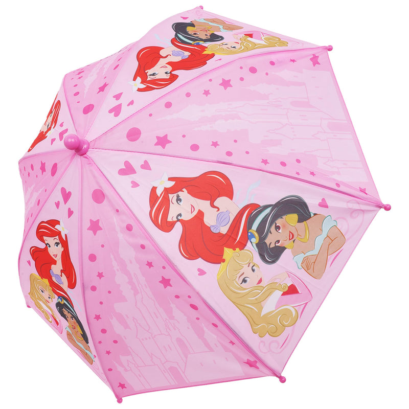 Disney Princess Kids Umbrella, Pink | Ariel Jasmine and Aurora Rain with Castle Print and Curved Handle
