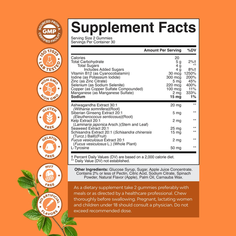 Natures Craft Thyroid Support Gummies - Thyroid Support Gummies for Comprehensive Support for Men and Women with Iodine Selenium and Other Potent Vitamins - Gelatin-Free Non-GMO - 60 Count