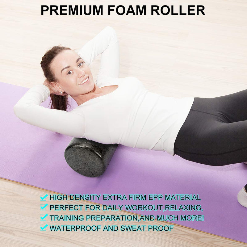 Foam Roller Set - High Density Back Roller, Muscle Roller Stick | Foot Fasciitis Ball, Stretching Strap, Massager Ball for Whole Body Physical Therapy & Exercise, Back Pain, Leg, Deep Tissue 12-inch Foam Roller