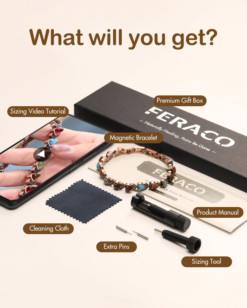 [Australia] - Feraco Pure Copper Bracelets for Women, Ultra Strength Magnetic Bracelet with 3800 Gauss Magnets & Natural Turquoise & Stones, Adjustable, Jewelry Gift Heart Bloom 