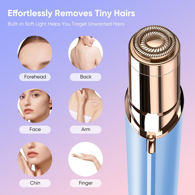Facial Hair Remover for Women- as Seen on TV Painless Face Shaver -Mini Hair Remover, Electric Razor Shaver Portable Bikini Epilator for Lips, Chin, Armpit, Peach Fuzz, Fingers, Neck, Cheek Blue+2 Heads