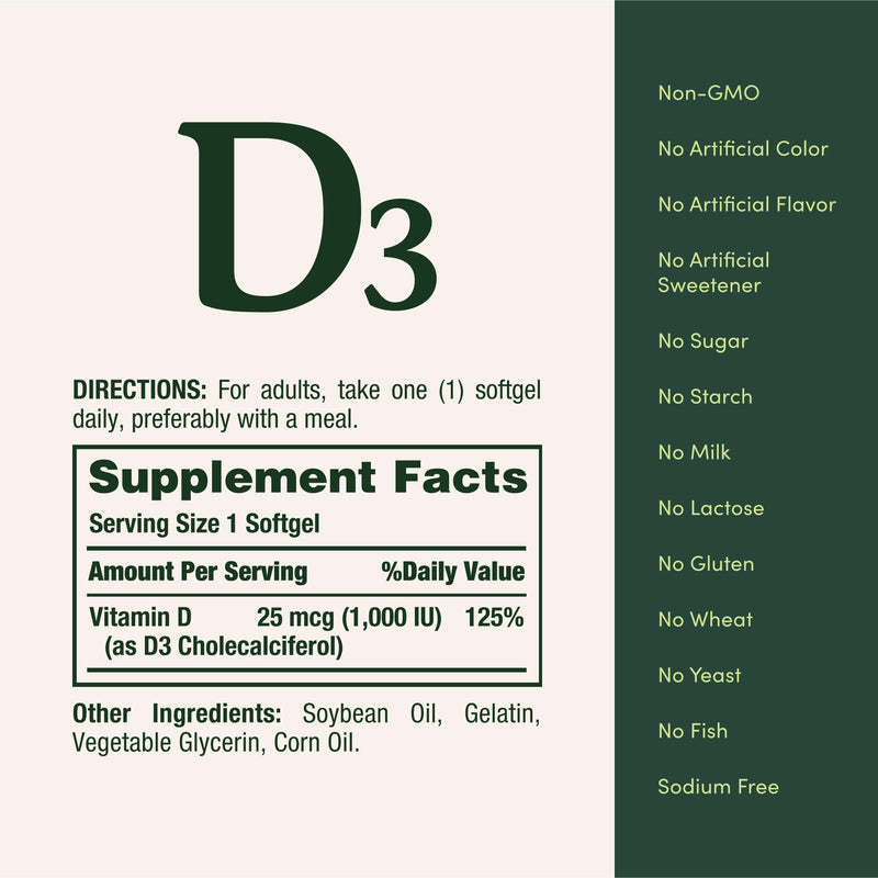 Nature's Bounty Vitamin D3 1000 IU Softgels, 350 Count | Immune Support, Promotes Healthy Bones, 1 Softgel per Day, Gluten Free 350 Count (Pack of 1)