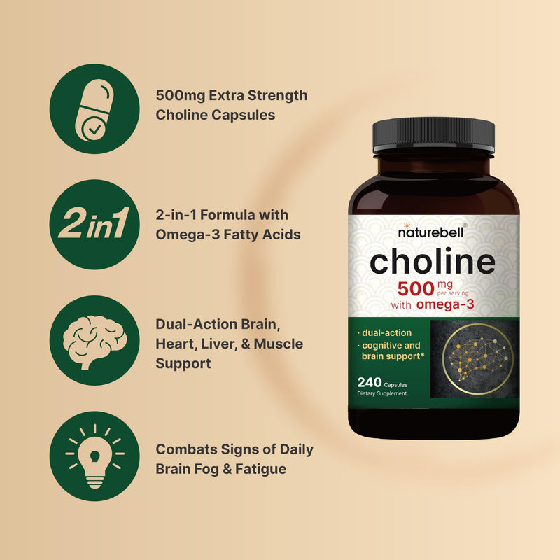 [Australia] - NatureBell Choline Supplements 500mg with Omega-3 Fatty Acids, 240 Capsules | High Potency Choline Bitartrate ‚Äì Prenatal Support During Pregnancy ‚Äì Promotes Energy, Liver, Brain, & Cognitive Health 