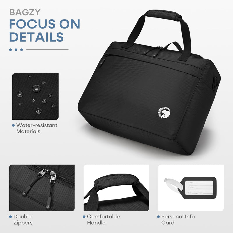 40x30x15cm Personal Item Travel Bag 16x12x6 inch Lightweight Gym Bag Foldable Duffle Bag Mens Water-resistant Weekender Bags for Women for Overnight Hospital Carry on Bags for Airplanes Black