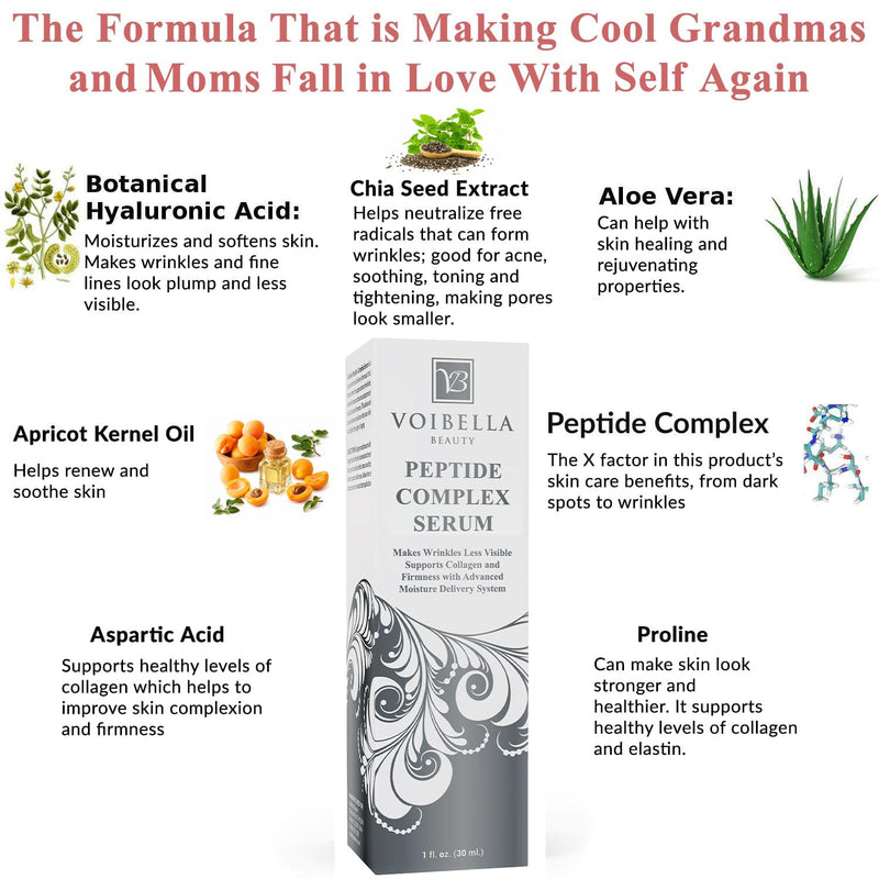 Peptide Complex Serum For Face & Collagen Support - Natural & Organic | Anti Aging Skin Serum, Peptides, Hyaluronic Acid, Amino Acids & Vitamin E for Wrinkles, Hydrating, Firming & Elasticity