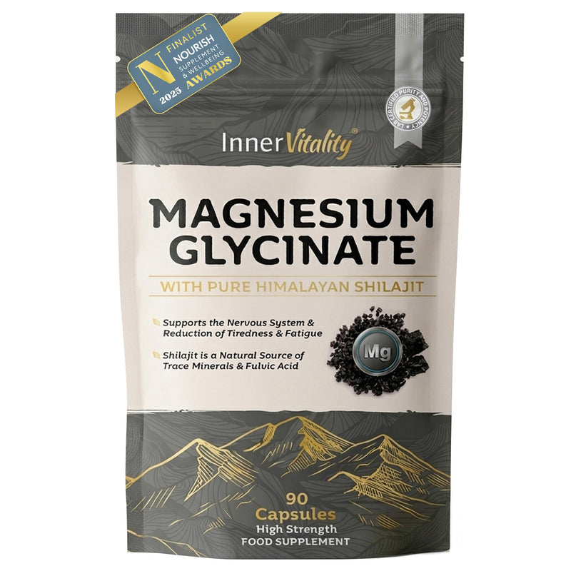 Magnesium Glycinate 1200mg + Shilajit Minerals for Sleep, Relaxation & Natural Energy, 2-in-1 High Strength Supplement - 90 Capsules Mineral Support Made in UK by Inner Vitality