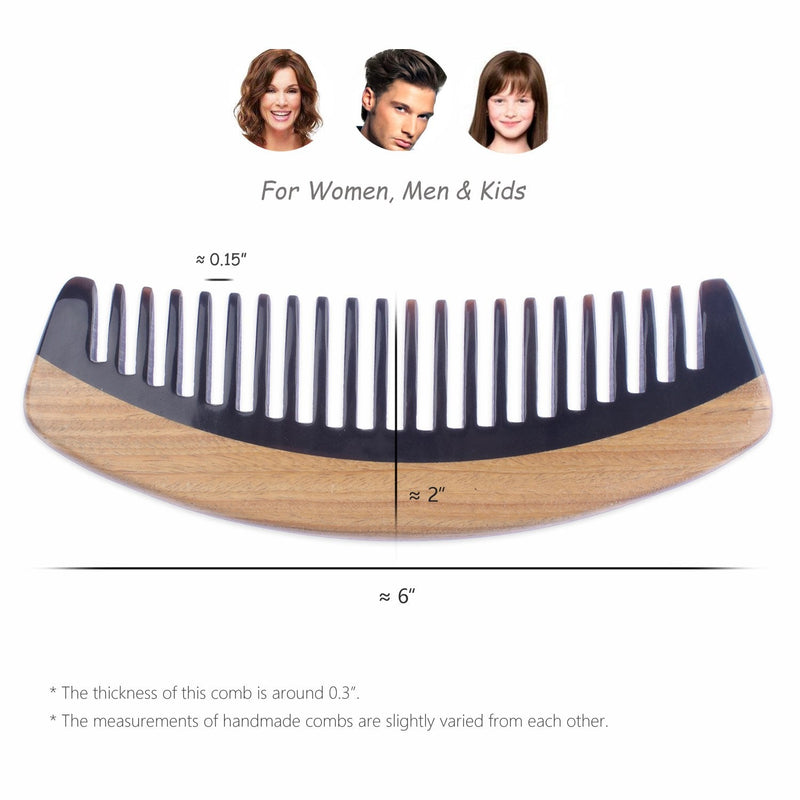 Breezelike Hair Comb - Wide Tooth Wooden Detangling Comb for Curly Hair - No Static Sandalwood Buffalo Horn Comb for Men and Women Black Buffalo Horn Wide Tooth