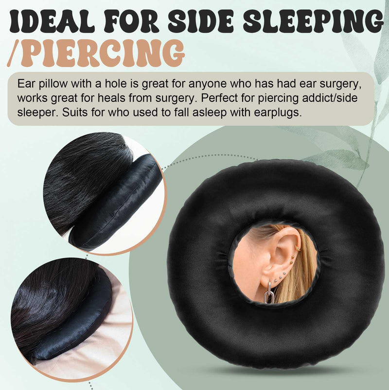 2 Pcs Satin Ear Hole Piercing Pillows Donut Pillow for Ear Pain Side Sleeping Neck Head Pressure Sore Relief Headphones Travel Protector Guard Lifesaver Tinnitus (Black) Black