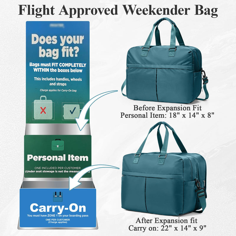 Expandable Personal Item Travel Duffle Bag Weekender Bag for Women Men, Overnight Hospital Carry On Bag with Toiletry Bag for Airplanes Travel Business Trips Sport, Peacock Blue
