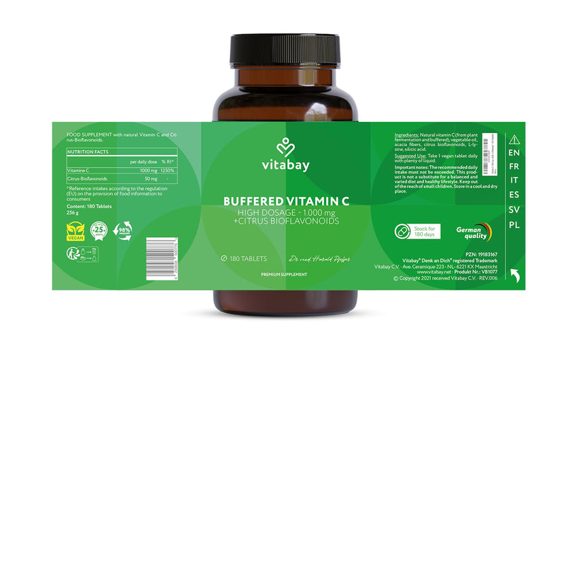 Vitabay Vitamin C 1000mg - 180 Vegan Slow Release Vitamin C Tablets - Buffered VIT with Citrus Bioflavonoids (50mg) - Natural from Plant Fermentation with Acacia Fibers - Laboratory Tested 256 g (Pack of 1)