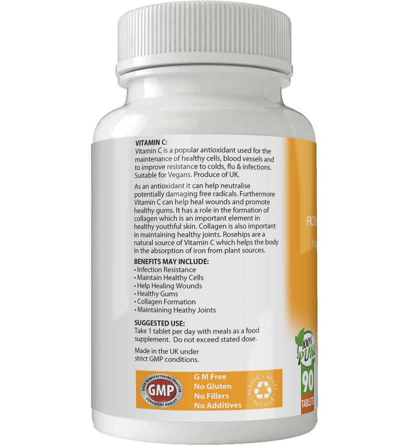 100% Natural Vitamin C from Rosehips & Citrus Bioflavonoids for Immunity and Collagen Boost | 1400mg Tablets x 90 | High Strength | Gluten Free | GM Free | Vegan