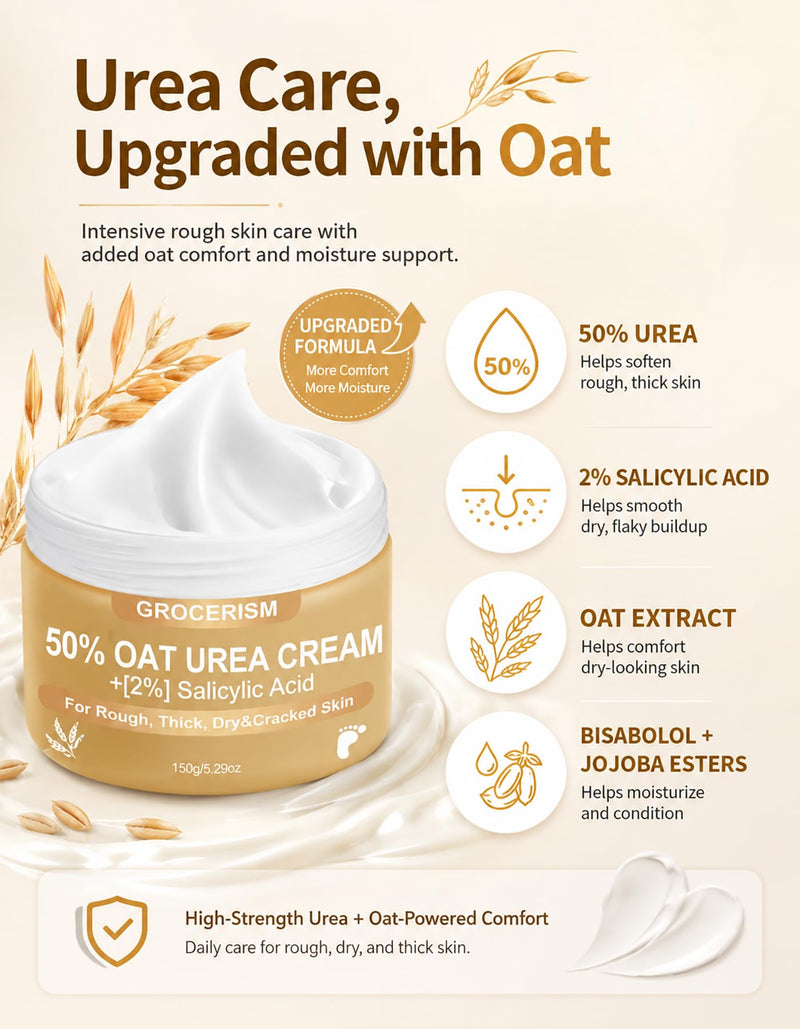 Grocerism 50% Oat Urea Foot Cream Maximum Strength, 5.29 oz, Pack of 2 | 2% Salicylic Acid + Oat, Softens Dry, Rough, Callused Heels and Hands with Hyaluronic Acid, Tea Tree and Aloe Vera Oat-Mild 5.29 Ounce (Pack of 2)