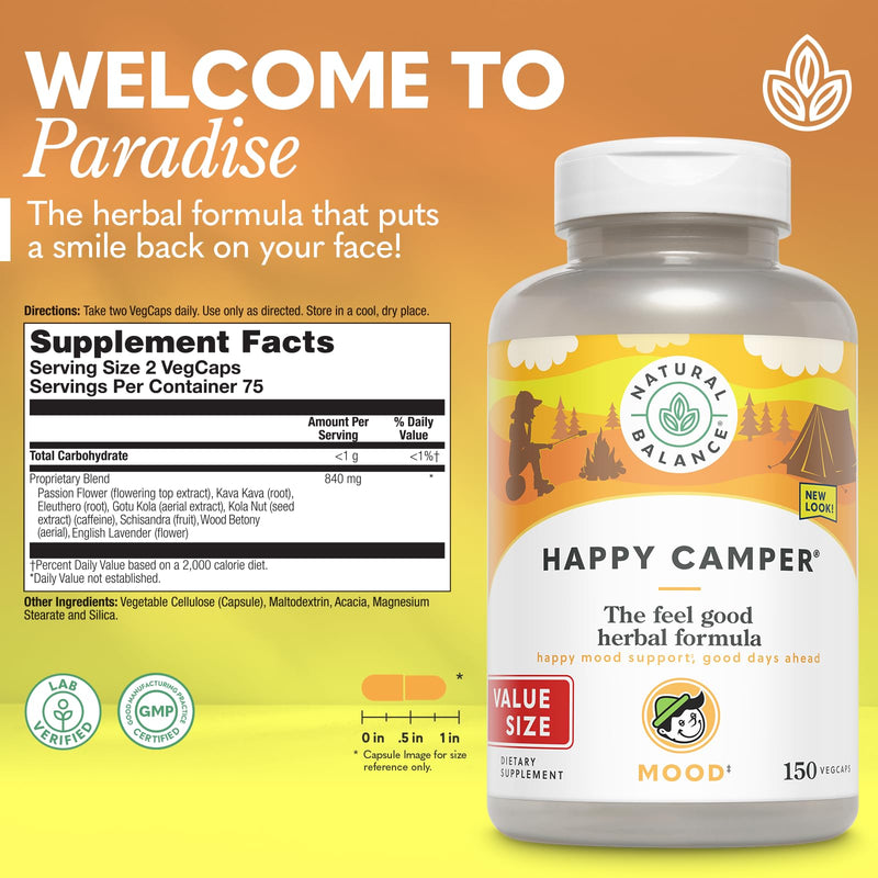 [Australia] - Natural Balance Happy Camper - Feel-Good Mood Support Supplement - Gotu Kola, Passion Flower, and Kava Kava Capsules - 60-Day Guarantee - 75 Servings, 150 VegCaps 150 Count (Pack of 1) 