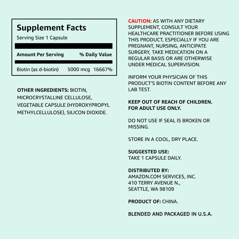 Amazon Elements Vegan Biotin 5000 mcg for Hair, Skin, and Nails, 130 Capsules, 4 Month Supply (Packaging may vary) 130 Count (Pack of 1)