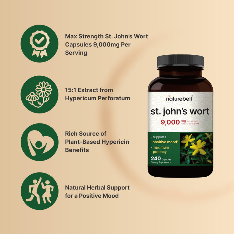 NatureBell St Johns Wort 9,000mg Per Serving, 240 Capsules | 15:1 Herbal Extract, North American Harvest, Rich in Hypericin – Positive Mood Support Supplement – St. John’s Wort – Non-GMO