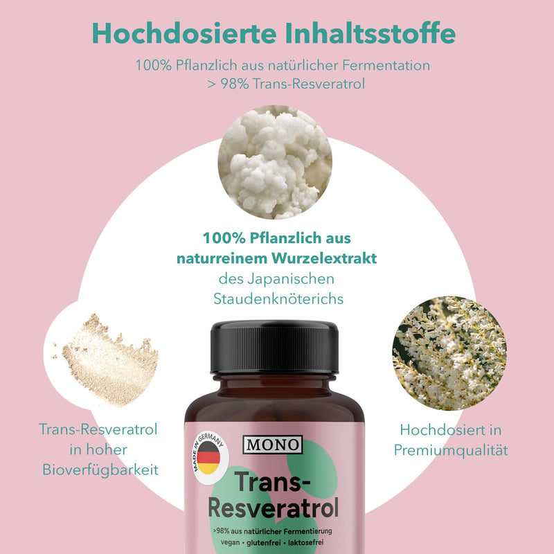 [Australia] - MONO® Trans-Resveratrol high dose | 500mg bioactive trans-resveratrol (Veri-te™) from Switzerland per capsule | Premium quality from DE | 98% Trans-Resveratrol - Vegan 1 x 60 capsules 