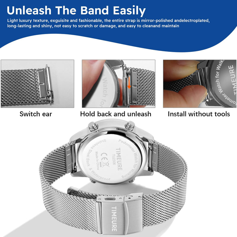 [Australia] - Men's Pedometer Watch with Stainless Steel Bracelet,Step Counter Watch No App, No Charging Needed for Ourdoor Walking, Calorie, Distance, Alarm, Countdown Timer Watch TU-2306B TIMEURE black 