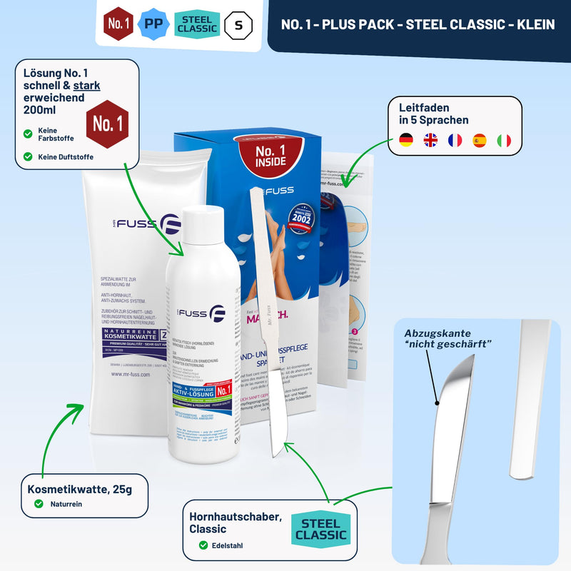 [Australia] - Mr. Fuss® No. 1 - Plus Pack Steel Classic Foot Care Callus Remover Cuticle Remover Economy Pack 3 Pieces, Active Solution Quick & Strong Softening - Standard, 200 ml, cotton wool, callus scraper 