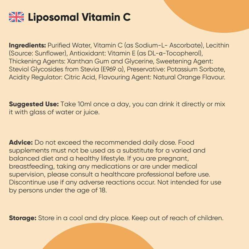 Liposomal Vitamin C Liquid - 250ml - Natural Orange Flavour - Sugar-Free & Gluten-Free - 1000mg per Serving - Easy-to-Absorb Sodium-L-Ascorbate Form - Non-GMO & Vegan-Friendly VIT C Supplements