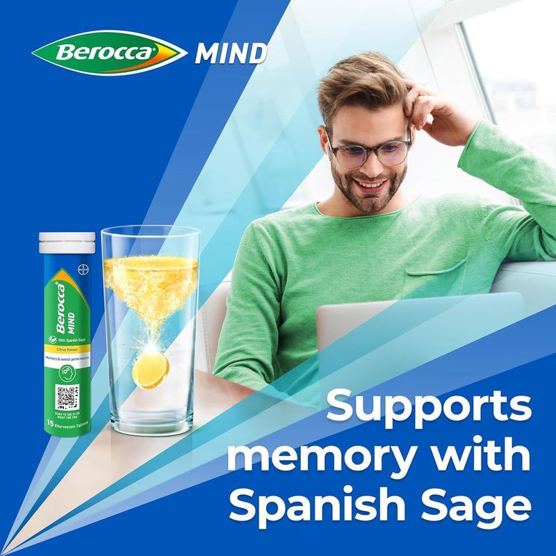 Berocca Mind Effervescent Tablets Including B Vitamins, with Spanish Sage to Support Memory and Mental Performance - 15 Tablets x 4 Pack - Citrus Flavour 1 count (Pack of 60)