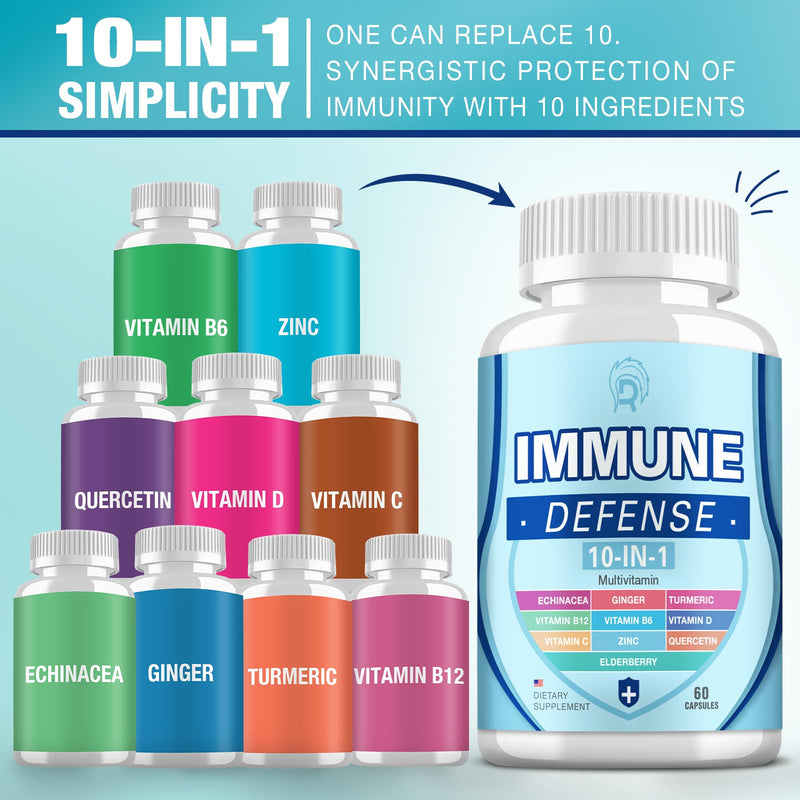 Immune Support Supplement, 10-in-1 Immune Defence with Vitamin C,B6,B12,VIT D, Zinc, Echinacea Turmeric Elderberry Immune Boosters for Adult - 120 Capsules(2 Pack)