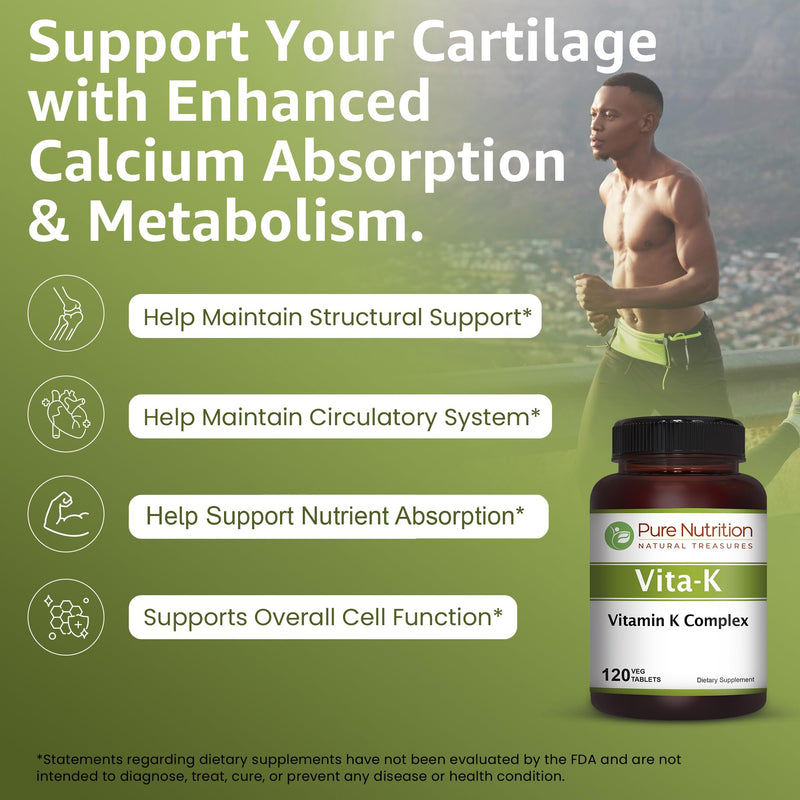 [Australia] - Pure Nutrition Vitamin K Complex K1 + K2 | 2250 mcg | 120 Tab | Full Spectrum K Vitamin Supplement with K1 1000mcg, K2 as MK4 1000mcg + K2 as MK7 250 mcg | Non GMO | Gluten Free 