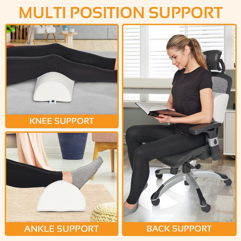 [Australia] - AllSett Health Large Half Moon Bolster Pillow for Legs, Knees, Lower Back and Head, Lumbar Support Pillow for Bed, Sleeping | Semi Roll for Ankle and Foot Comfort - Machine Washable Cover, White White - 1 Pack 