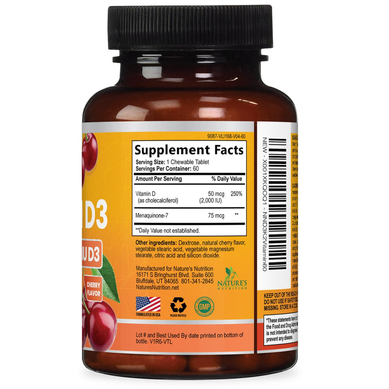 Vitamin D3 K2 Supplement - 2000 IU D3 Per Serving - Extra Strength MK-7 K with Vitamin D3 - For Immune Support, Heart, Teeth & Bone Health - Easy to Swallow D3K2 Chewable, Berry Flavor - 60 Tablets 60 Count (Pack of 1)