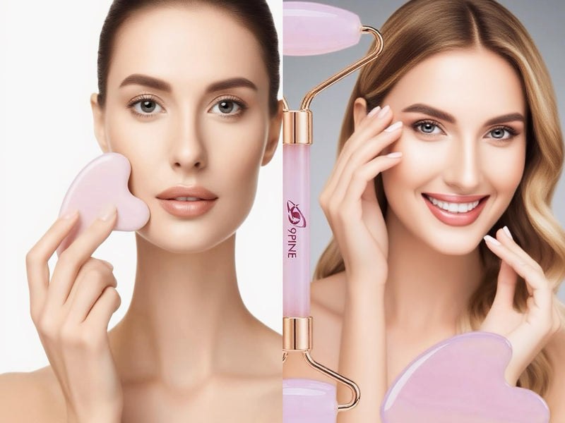 Jade Roller and Gua Sha Set, Face Massage Tools for Skincare,Facial Tools for Face, Neck, Eyes, for Enhanced Lymphatic Drainage, Self Care Gift for Men Women(Pink) Pink