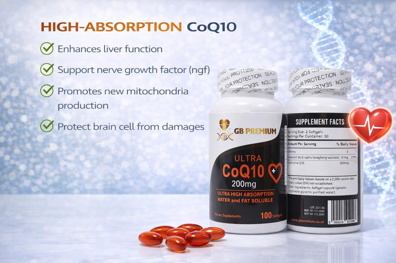 Coenzyme Q10 200mg Softgels, CoQ10 Ubiquinone Supplement, Water and Fat Soluble Formula, High Strength, 100 Count