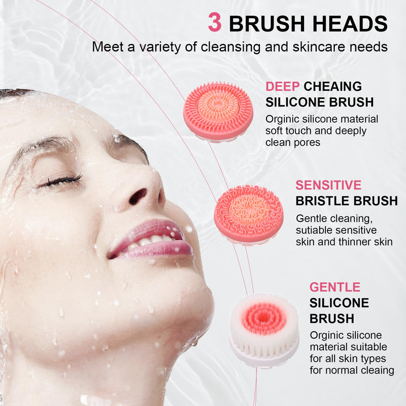 [Australia] - Facial Cleansing Brush, Waterproof Dual-Rotation Face Scrubber Exfoliator with 3 Brush Heads and 2 Adjustable Speeds, Rechargeable Exfoliating Face Brushes for Cleansing and Skin Care (Pink) Pink 