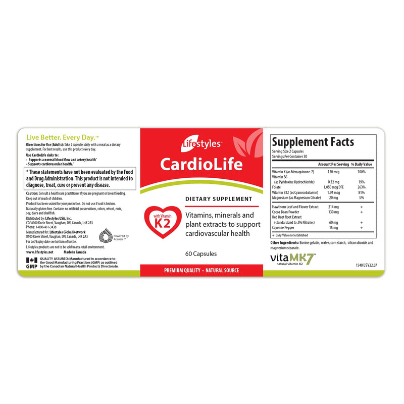 Intra Lifestyles CardioLife Supplement - Herbal Heart Health Support with Vitamin K2 (MK7), Folic Acid, Beetroot, Cayenne Extract & More – Made in Canada – 60 Capsules (1) 1 Count (Pack of 1)