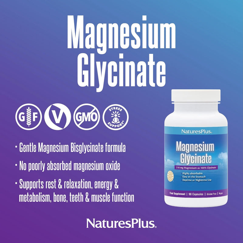 NaturesPlus Magnesium Glycinate Capsules for Stress Support, Rest and Relaxation - Vegan, Gluten Free - 90 Capsules 90 count (Pack of 1)