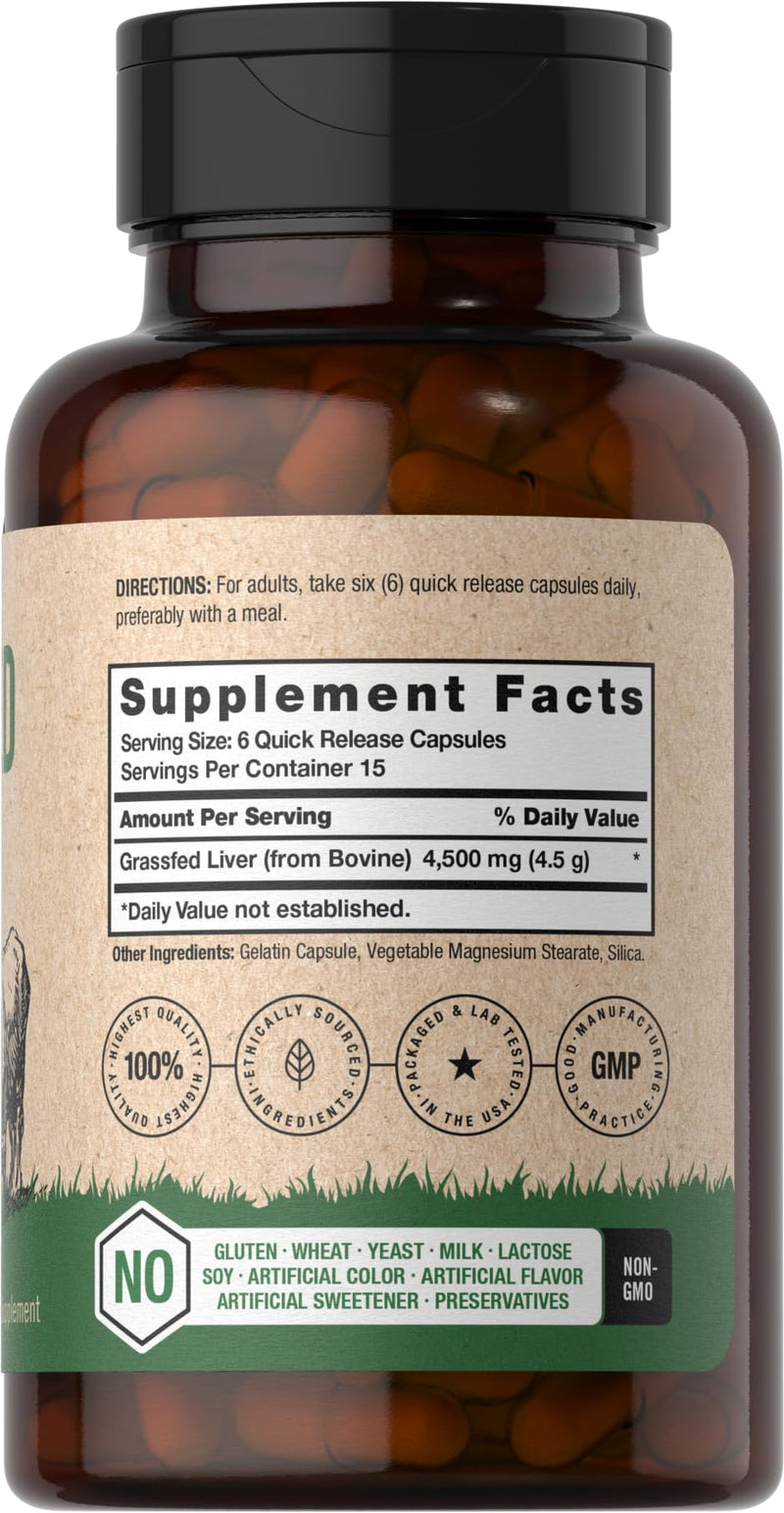 Horbäach Grass Fed Beef Liver Supplement | 4500mg | 90 Capsules | Desiccated, Pasture Raised, Grain Free, Non-GMO 90 Count (Pack of 1)