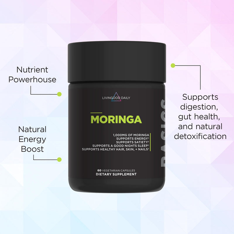 [Australia] - Livingood Daily Moringa Capsules, Moringa Supplement for Energy, Sleep, Satiety, Hair, Skin, Nails & Wellness, Plant Based Vegetarian, Gluten Free, Non GMO, Vegan, Daily Greens Superfood, 60 Capsules 