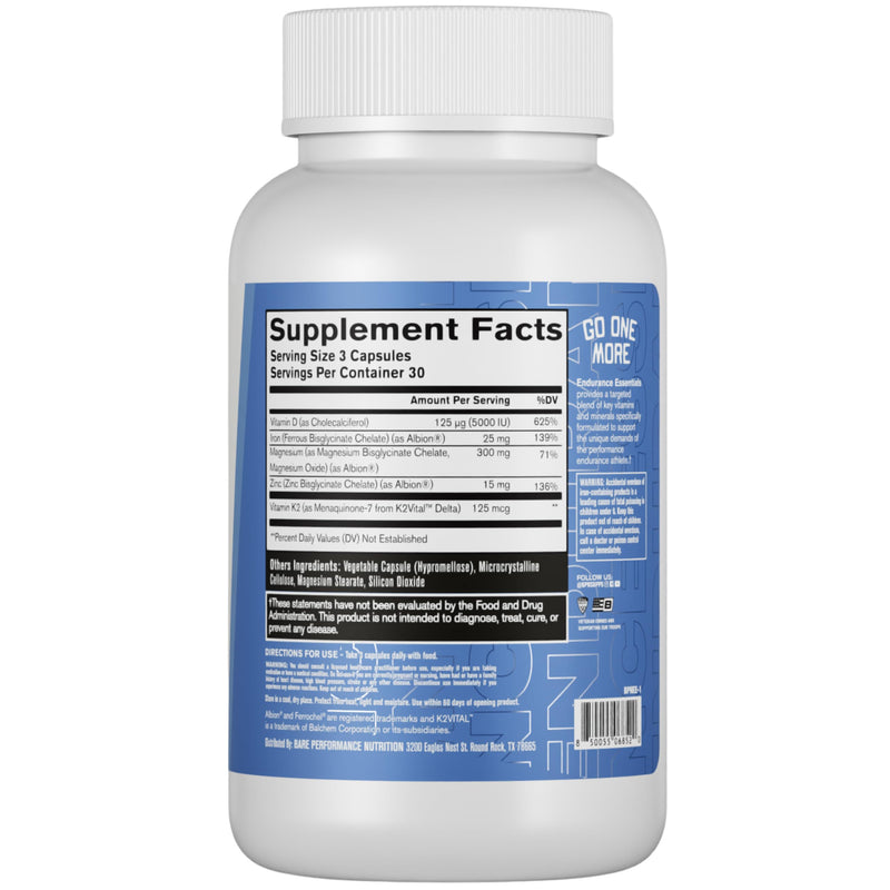 BARE PERFORMANCE NUTRITION Endurance Essentials | Endurance Athlete Daily Multivitamin | NSF Certified for Sport | Supports Energy, Muscle Function, Immune & Bone Health | 30 Capsules