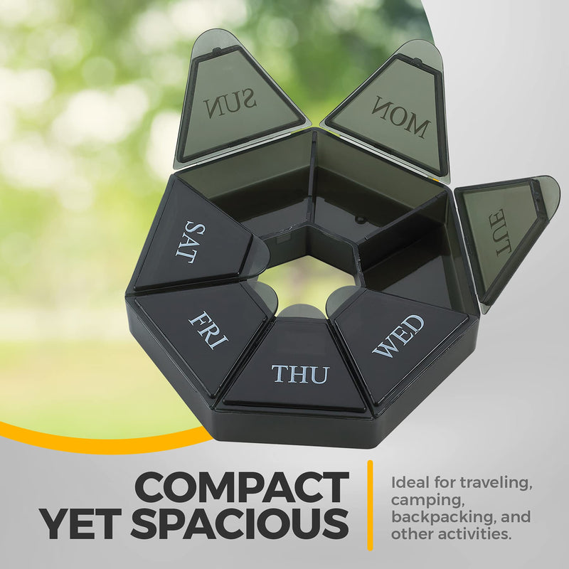 Weekly Pill Organizer - (Pack of 2) 7-Day Pill Container - Arthritis Friendly Portable & Compact Travel Case Daily Compartment Medicine Pills Box for Supplements, Medication, Vitamins and Fish Oils Black 2 Count (Pack of 1)