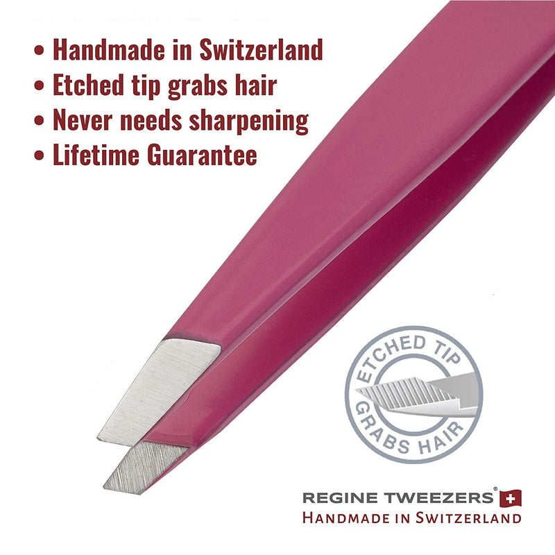 [Australia] - Slant Tweezer - Handmade in Switzerland - Professional Eyebrow & Facial Hair Remover - Etched Interior Grabs Hair from The Root - Perfectly Aligned Tips - Stainless Steel, Pink 