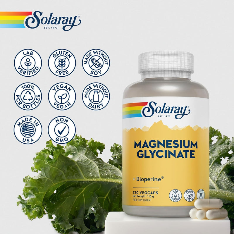 Solaray Magnesium Glycinate Chelated - 120 Vegan Capsules - 350mg Elemental Magnesium - Gentle on Stomach - Supports Energy, Muscle Function, Relaxation & Reduces Fatigue - Lab Verified