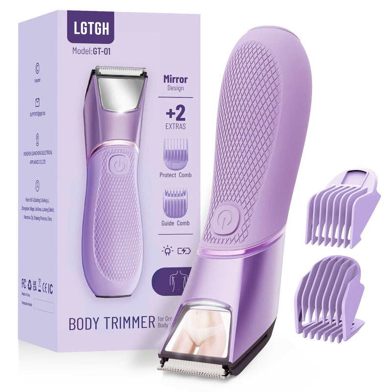 Bikini Trimmer for Women: Pubic Hair Razor with Mirror & LED Light, Electric Shaver with Ceramic Blades & Travel Lock - Body Groomer IPX7 Waterproof Use for Legs/Arm/Underarm - Purple