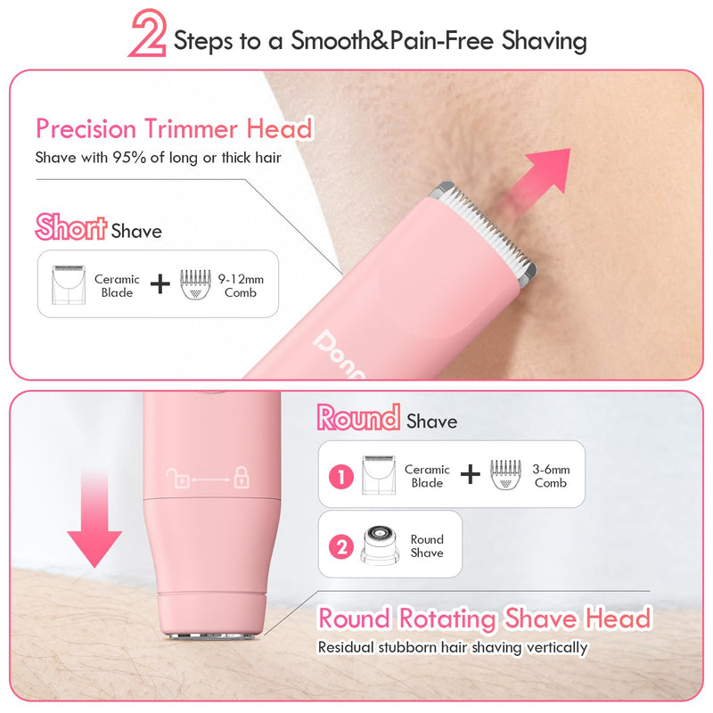 Bikini Trimmer for Women, 2 in 1 Electric Razors for Shower&Travel, IPX7 Waterproof Pubic Hair Remover for Underarm, Legs & Bikini Area, Painless Razor,Hypoallergenic Foil & Ceramic Blades