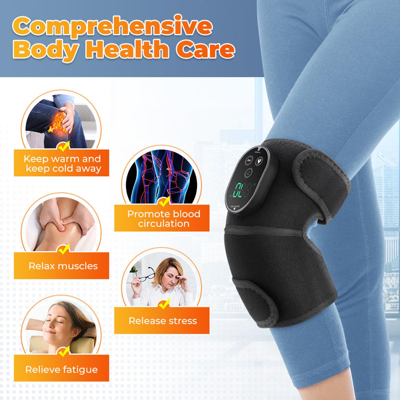 Cordless Knee Heating Pad for Pain Relief & Arthritis, Heated Knee Massager Brace Wrap 6 Heating Levels, 3 Vibration and Timing Modes, 3 in 1 Heating Pads for Shoulder Elbow Women Men Black