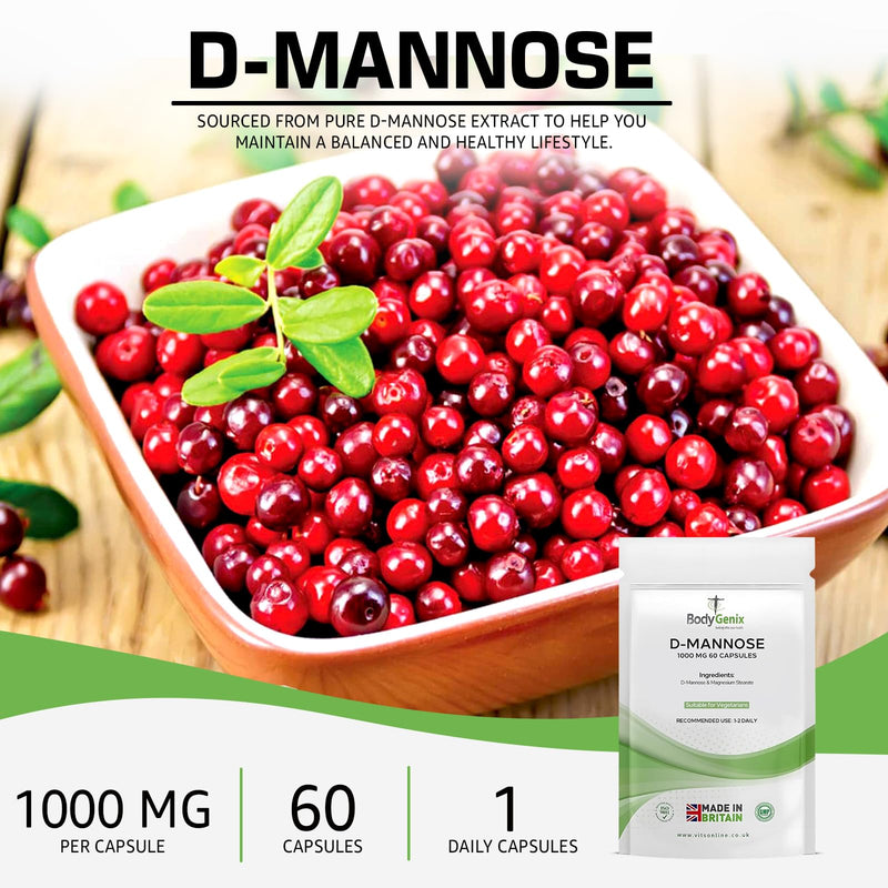 Bodygenix D-Mannose 1000mg Capsules High Strength UTI Treatment Immune System Support Vegan Food Supplement - 60 Capsules 2 Month Supply 60 count (Pack of 1)