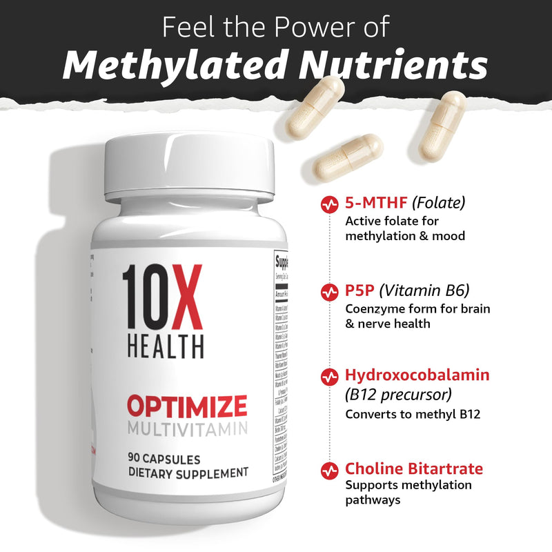10X Health Methylated Multivitamin - 90 Capsules | Mthfr Supplement: 34-in-1 Formula, 800mcg B12, 5-MTHF & NAC, Methyl B Complex, Non-GMO 90 Count (Pack of 1)