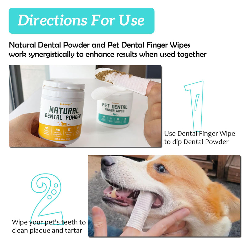 Dog Dental Kit - Teeth Cleaning Powder Contains Probiotics That Solve Bad Breath Through Internal Digestion, Finger Wipes Remove Plaque and Tartar from The Surface (50 Count & 80g) Dental Cleaning Kit