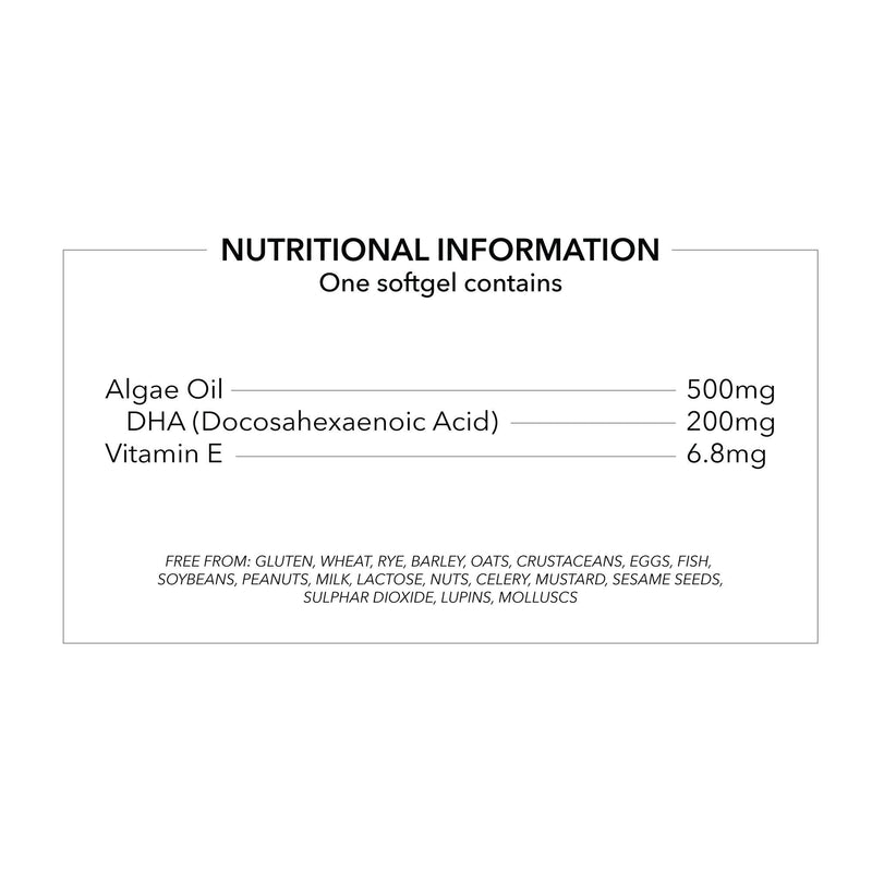 Transforme Vegan Omega 3 Algae Oil with Vitamin E, 60 Rapid Absorption Capsules, Marine Algal Oil DHA, Easy to Swallow Softgels, Vegetarian Plant Source Essential Fatty Acids