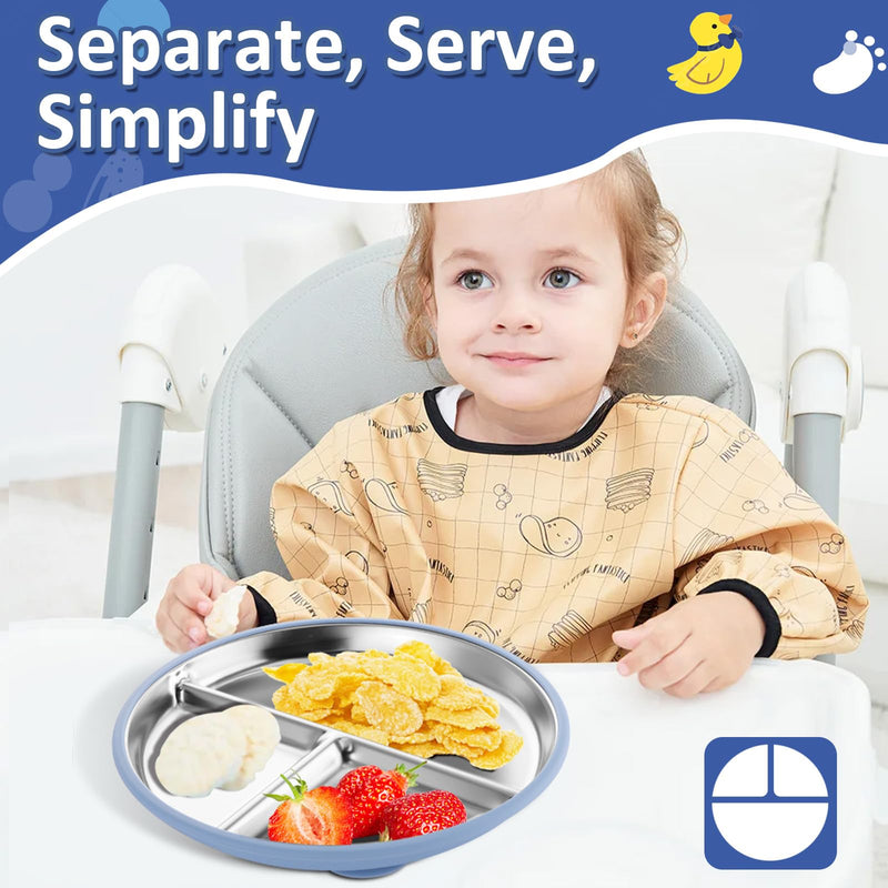 [Australia] - Stainless Steel Toddler Plate with Suction, 9‚Äù Divided Plates with Removable Silicone Sleeves for Kids, Non Toxic & BPA Free | Non Slip | Unbreakable Baby Snack Dishes Set of 2, Blue & Gray Suction- Blue & Gray 9" Round - 2 Packs 