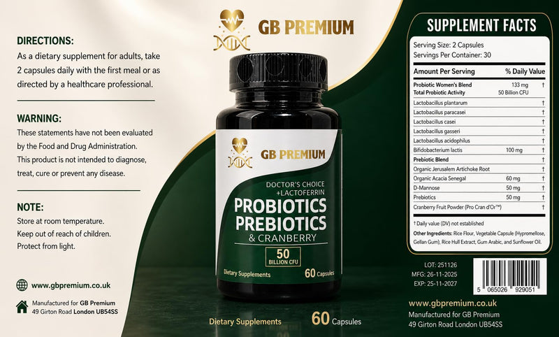 Probiotics, Prebiotics and Cranberry Supplement with Lactoferrin, 50 Billion CFU, 60 Capsules